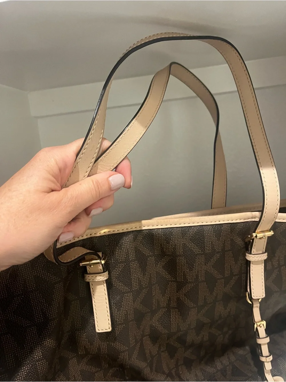 Michael Kors Brown Signature MK Logo Large Tote Shoulder Bag Gold Charm